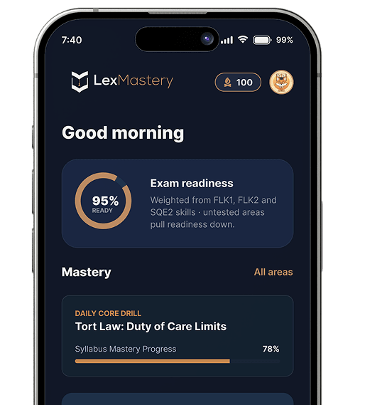 LexMastery app showing exam readiness and daily mastery drills